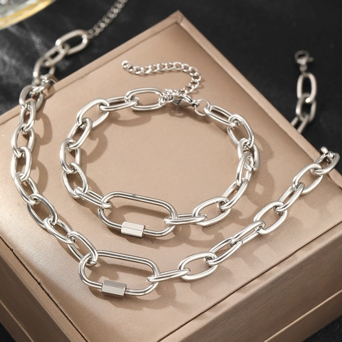 Stainless Steel Necklace And Bracelet Geometric Thick Oval Link Chain Carabiner Screw Lock Industrial Hip Hop Jewelry