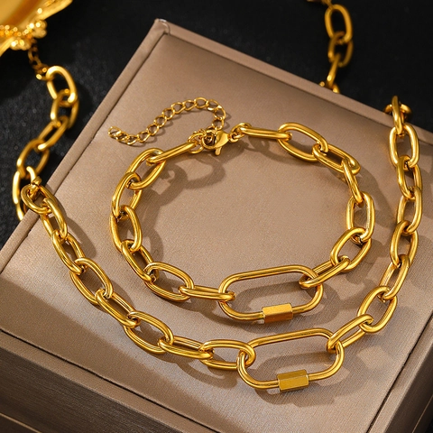 Stainless Steel Necklace And Bracelet Geometric Thick Oval Link Chain Carabiner Screw Lock Industrial Hip Hop Jewelry