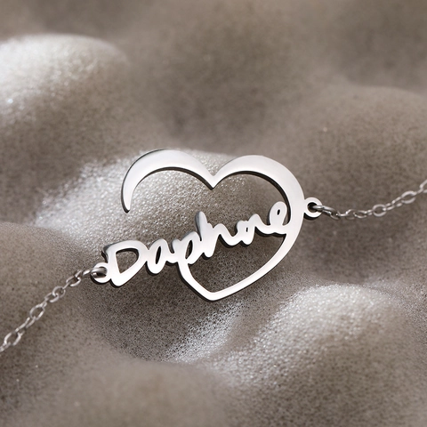 Stainless Steel Heart Name Pendant Bracelet Script Letter Fashion Jewelry For Women Elegant Link Chain Accessories