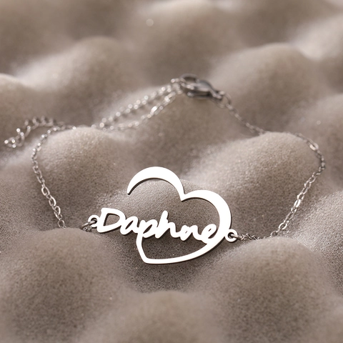 Stainless Steel Heart Name Pendant Bracelet Script Letter Fashion Jewelry For Women Elegant Link Chain Accessories