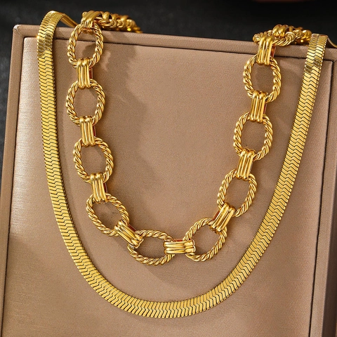 Double Layer Necklace Set Stainless Steel Flat Herringbone Snake Chain And Chunky Link Chain For Women Trendy Ins Style