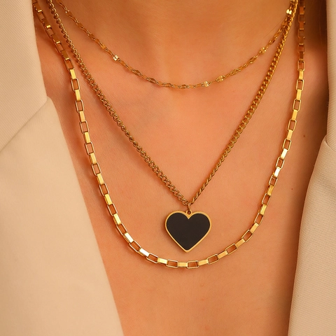 Collier Multirang En Acier Inoxydable Avec Pendentif Cœur Noir Chaîne À Mailles Cubaines Pour Femme Bijou Moderne