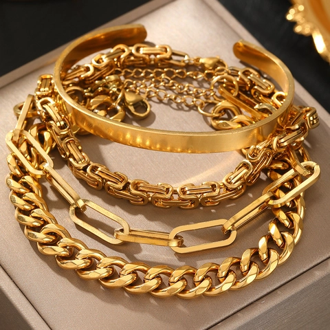Bracciale In Acciaio Inossidabile Catena Cubana Bizantina A Graffetta Rigido Aperto Gioielli Impilabili Donna Tonalità Oro