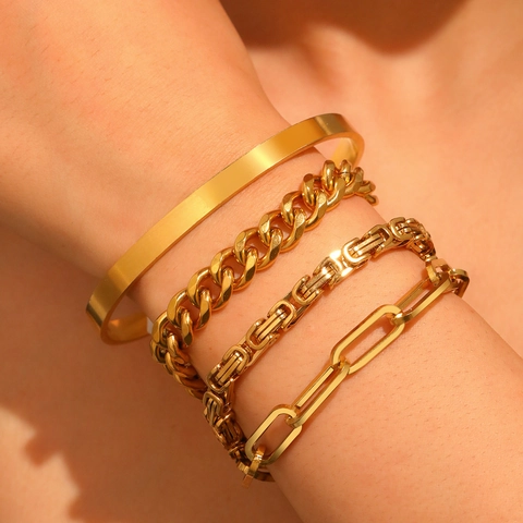 Bracciale In Acciaio Inossidabile Catena Cubana Bizantina A Graffetta Rigido Aperto Gioielli Impilabili Donna Tonalità Oro