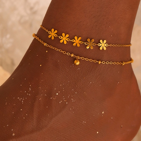 Layered Stainless Steel Anklet With Hollow Daisy Flower Round Bead Pendant Adjustable Foot Chain Summer Beach Jewelry