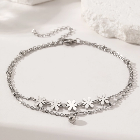 Layered Stainless Steel Anklet With Hollow Daisy Flower Round Bead Pendant Adjustable Foot Chain Summer Beach Jewelry