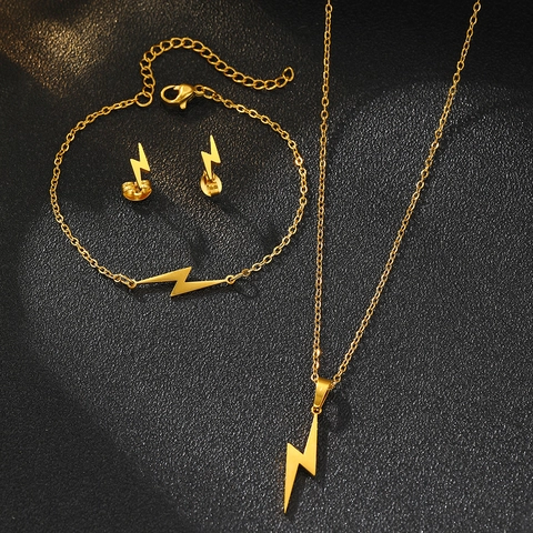 Collana Con Ciondolo A Fulmine Bracciale A Catena E Orecchini A Lobo Acciaio Inossidabile Minimalista Chic Gioielli
