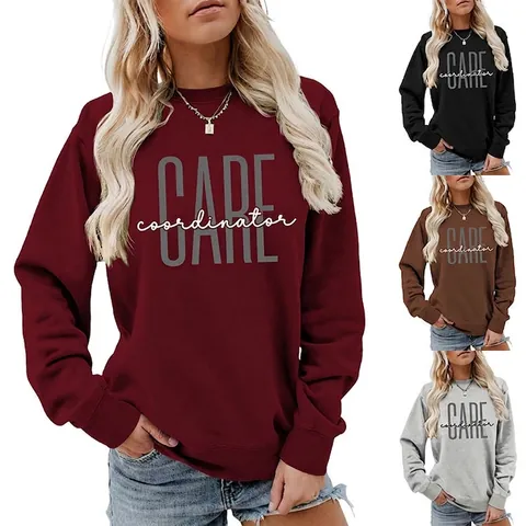 Women Casual Loose Round Neck Sweatshirt Care Coordinator Letter Print Long Sleeve Soft Cotton Blend Pullover Jumper Fashion Tops