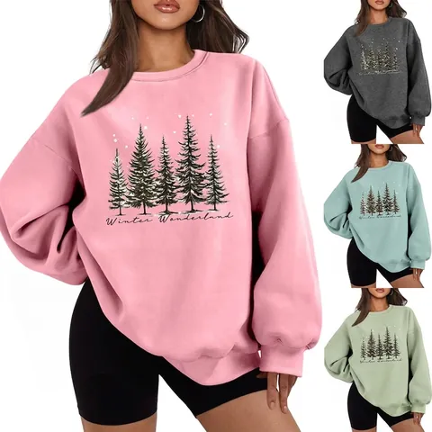 Damen Übergroßes Sweatshirt Rundhals Baumwolle Polyester Winter Wonderland Kiefernwald Druck Lockerer Pullover Lässiges Langarm Oberteil