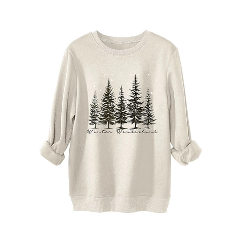 Damen Übergroßes Sweatshirt Rundhals Baumwolle Polyester Winter Wonderland Kiefernwald Druck Lockerer Pullover Lässiges Langarm Oberteil