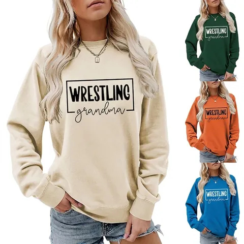 Felpa Girocollo Da Donna Misto Cotone Maniche Lunghe Pullover Ampio Stampa Lettere Wrestling Grandma Top Casual
