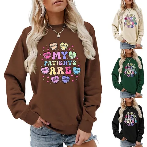 Felpa Donna Girocollo Misto Cotone Manica Lunga Infermiera Medica Grafica Cuore Stampata Pullover