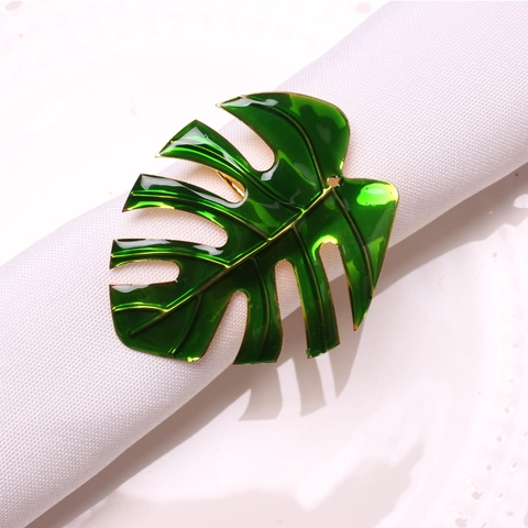 Monstera Leaf Napkin Ring Green Enamel Gold Metal Tropical Plant Table Decor For Wedding Hotel Dinner Party Elegant
