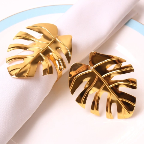 Monstera Leaf Napkin Rings Gold Metal Tropical Leaf Design For Dining Table Wedding Party Decoration Mirror Polished Elegant
