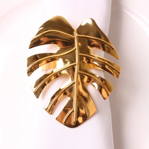 Monstera Leaf Napkin Rings Gold Metal Tropical Leaf Design For Dining Table Wedding Party Decoration Mirror Polished Elegant