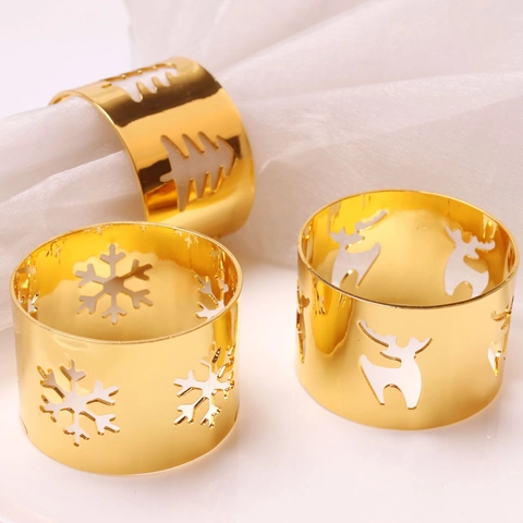 Gold Metal Napkin Rings Hollow Snowflake Christmas Tree Reindeer Napkin Buckles For Christmas Wedding Dining Table Decor