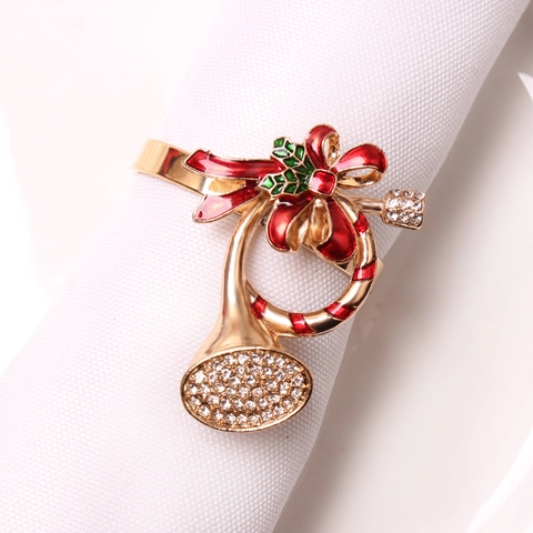 Christmas Horn Napkin Ring Rhinestone Bow Enamel Alloy Gold Metal Napkin Buckle For Holiday Festive Banquet Table Decor