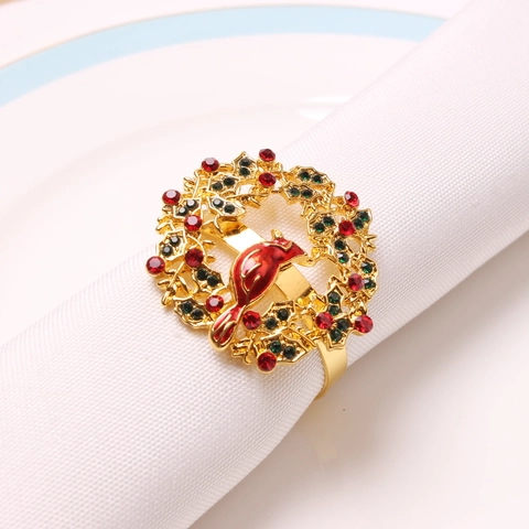 Christmas Napkin Ring Metal Wreath Red Cardinal Bird Inlaid Rhinestone Holiday Dining Table Decoration