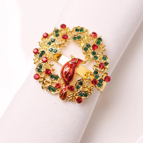 Christmas Napkin Ring Metal Wreath Red Cardinal Bird Inlaid Rhinestone Holiday Dining Table Decoration