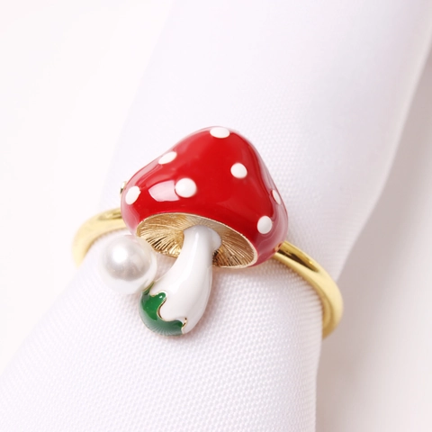 Portatovagliolo A Fungo Rosso Lega Di Zinco Smalto Con Perla Artificial Sintetica Finitura Dorata Decorazione Tavola Matrimonio