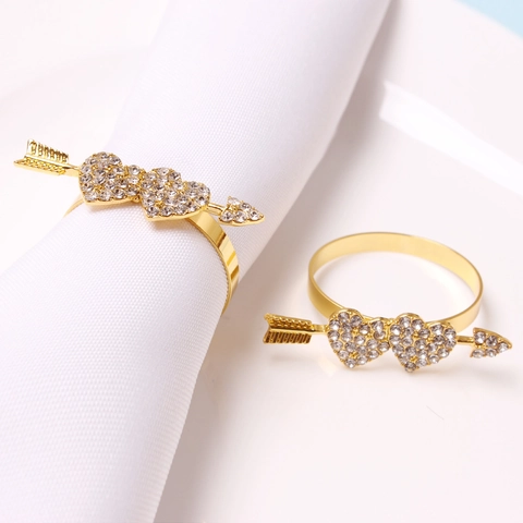 Ronds De Serviette Or Cuivre Avec Strass Flèche Cupidon Double Coeur Décoration De Table Mariage Saint Valentin