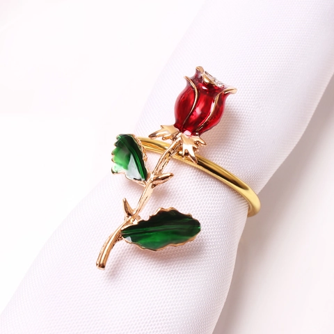 Rose Flower Napkin Ring Alloy Enamel Rhinestone Gold Plated Elegant Floral Napkin Holder For Wedding Valentines Day Dining Decor