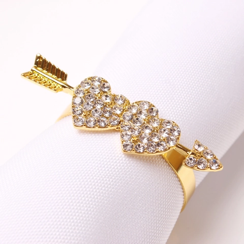 Ronds De Serviette Or Cuivre Avec Strass Flèche Cupidon Double Coeur Décoration De Table Mariage Saint Valentin