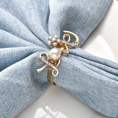 Love Letter Napkin Ring Alloy Faux Artificial Pearl Rhinestone Heart Shape Flower Design Romantic Dinner Party Wedding Table Decor