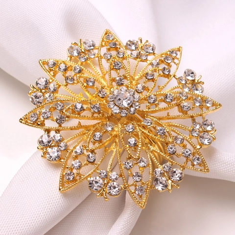 Alloy Rhinestone Flower Napkin Rings Sparkling Hollow Metal Holders Wedding Banquet Dinner Party Table Decor Luxurious