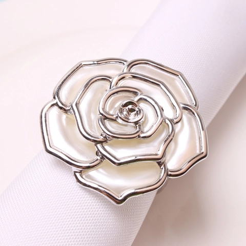 Rose Flower Napkin Ring Silver Plated Metal Base Plastic Camellia Shape Elegant Table Decoration For Valentine Wedding Dinner