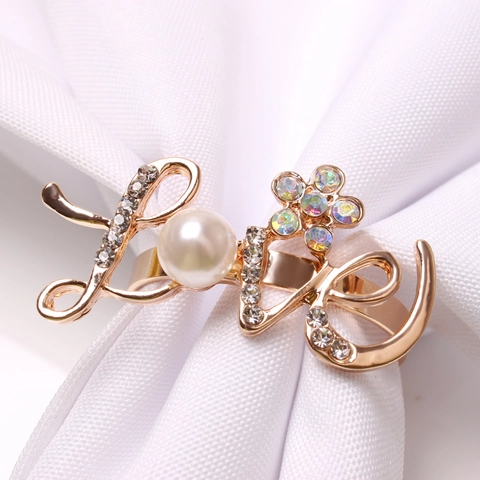 Love Letter Napkin Ring Alloy Faux Artificial Pearl Rhinestone Heart Shape Flower Design Romantic Dinner Party Wedding Table Decor