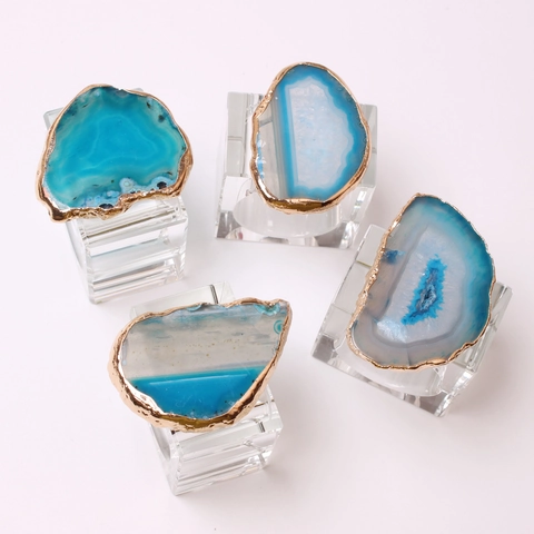Natural Agate Stone Napkin Rings With Gold Edge Plated Metal Glass Holder For Wedding Dinner Table Decoration Luxury