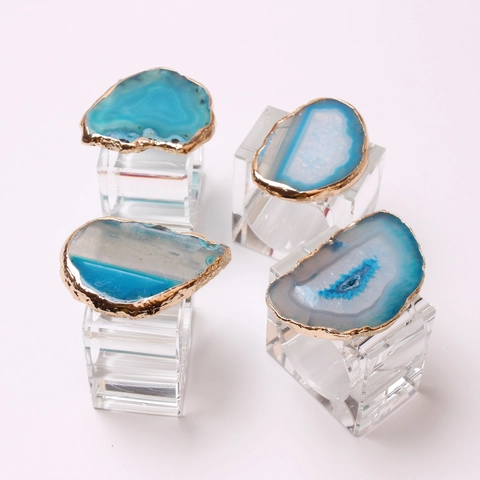 Natural Agate Stone Napkin Rings With Gold Edge Plated Metal Glass Holder For Wedding Dinner Table Decoration Luxury