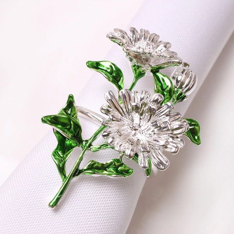 Ronds De Serviette Alliage Émail Marguerites Forme Fleur Décoration Table Pour Dîner Fête Mariage Printemps Élégant Or Argenté