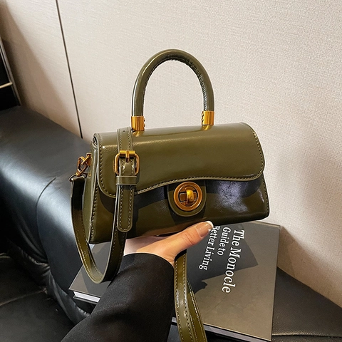 Retro PU Leather Small Square Bag With Top Handle Golden Circular Turn Lock Adjustable Shoulder Strap Women Crossbody Bag