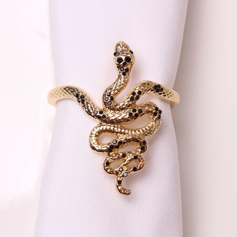 Creative Snake Shape Napkin Ring Gold Zinc Alloy Black Rhinestone Inlaid Napkin Buckle Holder For Banquet Wedding Table Decor