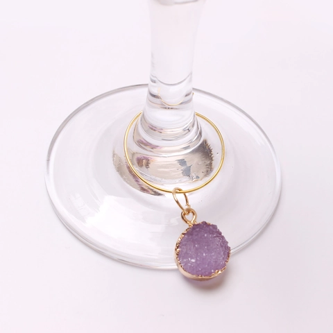 Zinc Alloy Druzy Wine Glass Charms Multicolor Natural Stone Identifiers Golden Metal Ring Bar Decorations Party Accessories