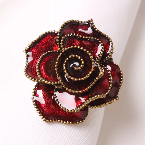Elegant Red Rose Napkin Ring With Gold Beaded Edge Alloy Enamel Flower Napkin Holder For Wedding Banquet Home Table Decor
