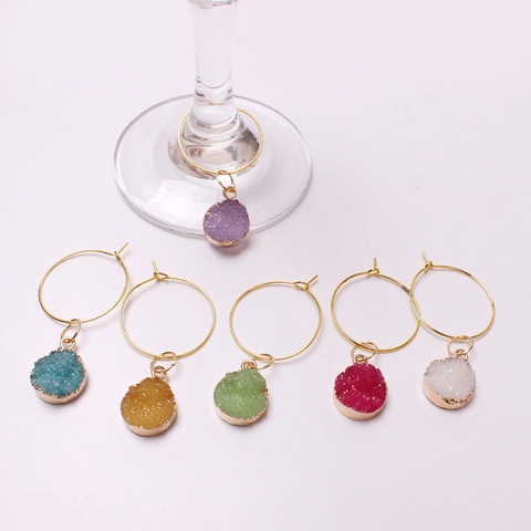 Zinc Alloy Druzy Wine Glass Charms Multicolor Natural Stone Identifiers Golden Metal Ring Bar Decorations Party Accessories