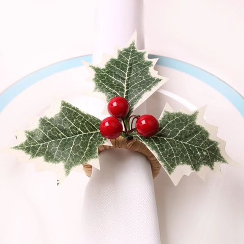 Portatovaglioli Di Natale Foglie Di Agrifoglio Artificiali Bacche Rosse Supporto Intrecciato Decorazioni Da Tavola Festa