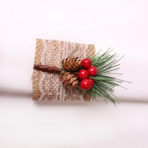 Ronds De Serviette De Noël Toile De Jute Dentelle Pommes De Pin Baies Rouges Décoration De Table De Fête Ferme Rustique