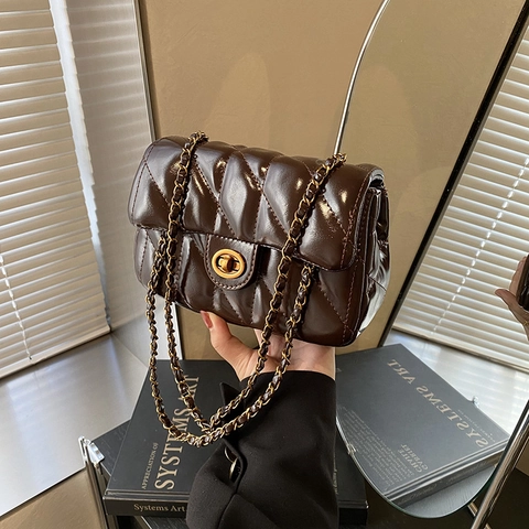 Borsa A Spalla Donna Pelle PU Trapuntata Rombi Catena Dorata Chiusura Girevole Elegante Vintage