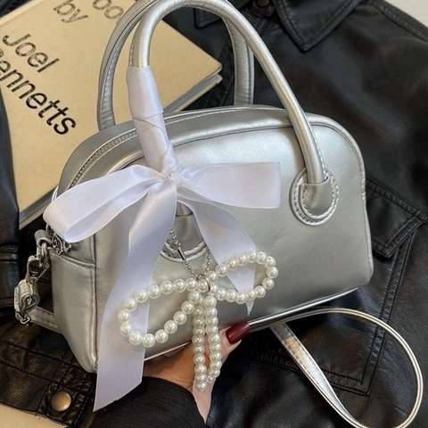 Women Boston Handbag PU Leather Korean Style Bowknot Artificial Pearl Decor Shoulder Crossbody Bag Elegant Chic
