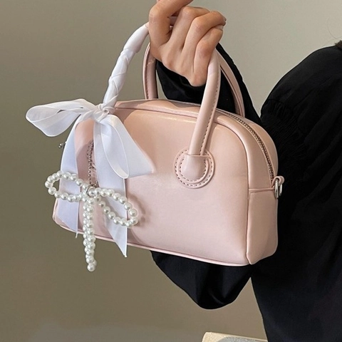 Women Boston Handbag PU Leather Korean Style Bowknot Artificial Pearl Decor Shoulder Crossbody Bag Elegant Chic