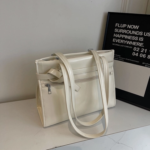 Glossy PU-Leder Damen Handtasche Große Kapazität Retro Tote Tasche Pendler Schultertasche Mit Reißverschluss Einfacher Stil