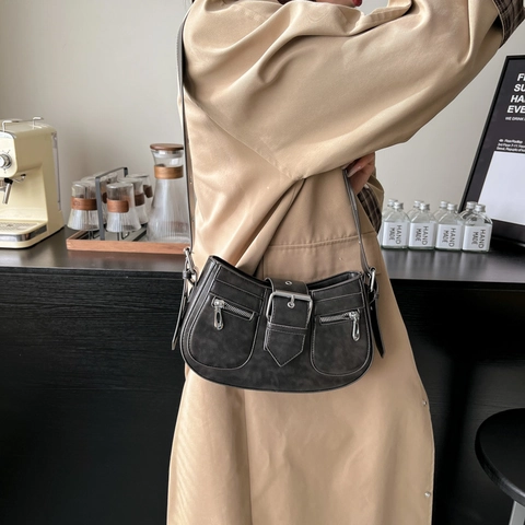 Damen Vintage PU Leder Achseltasche Retro Moto Hobo Tasche Mit Metallschnalle Doppel Reißverschluss Taschen Mode Schultertasche