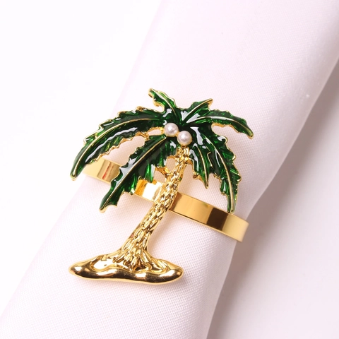 Tropical Fruit Enamel Napkin Rings Alloy Pineapple Coconut Tree Monstera Leaf Rhinestone Pearl Napkin Buckle For Dinner Party