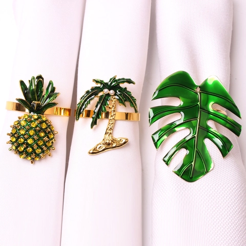 Tropical Fruit Enamel Napkin Rings Alloy Pineapple Coconut Tree Monstera Leaf Rhinestone Pearl Napkin Buckle For Dinner Party