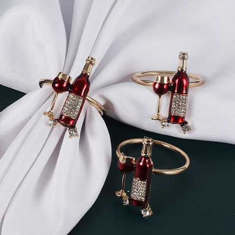 Wine Bottle And Glass Napkin Ring Alloy Rhinestone Red Enamel Gold Table Decor Banquet Wedding Party Creative