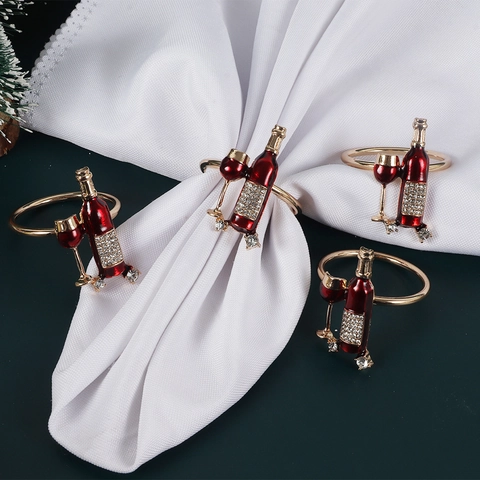 Wine Bottle And Glass Napkin Ring Alloy Rhinestone Red Enamel Gold Table Decor Banquet Wedding Party Creative